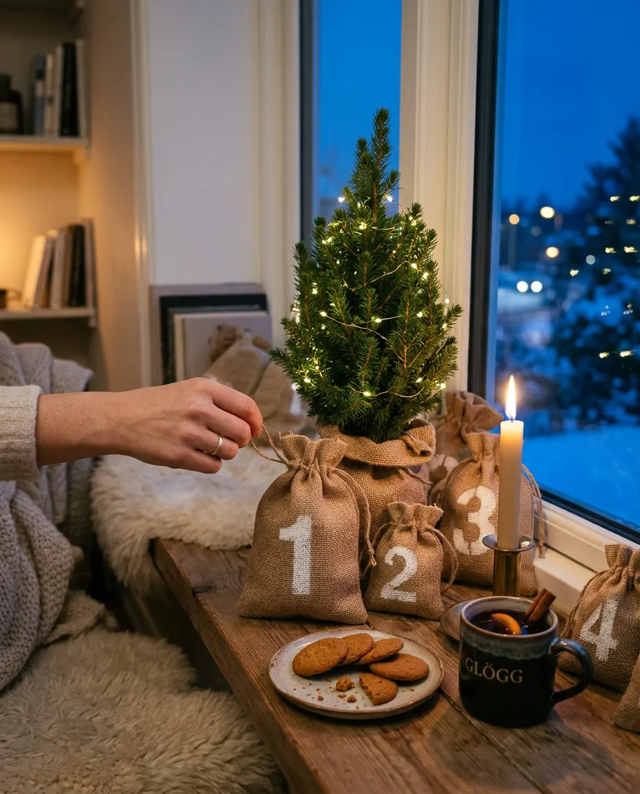 Bordsgran med julkalender i fönstret en decemberkväll