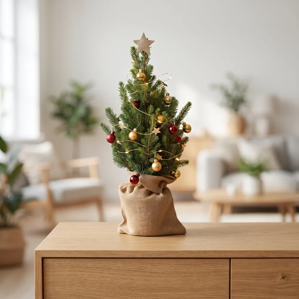 Bordsgran Picea glauca Conica i jutesäck med pynt och ljusslinga