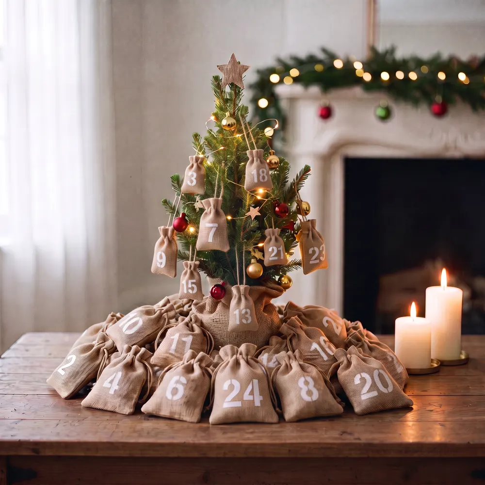 Bordsgran med julkalender – numrerade jutepåsar i och under granen