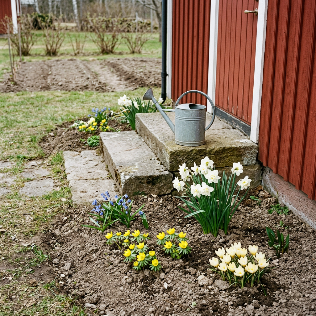 Mormors vår vid kökstrappan – AI-inspiration med ingående blommor i tidstypisk miljö