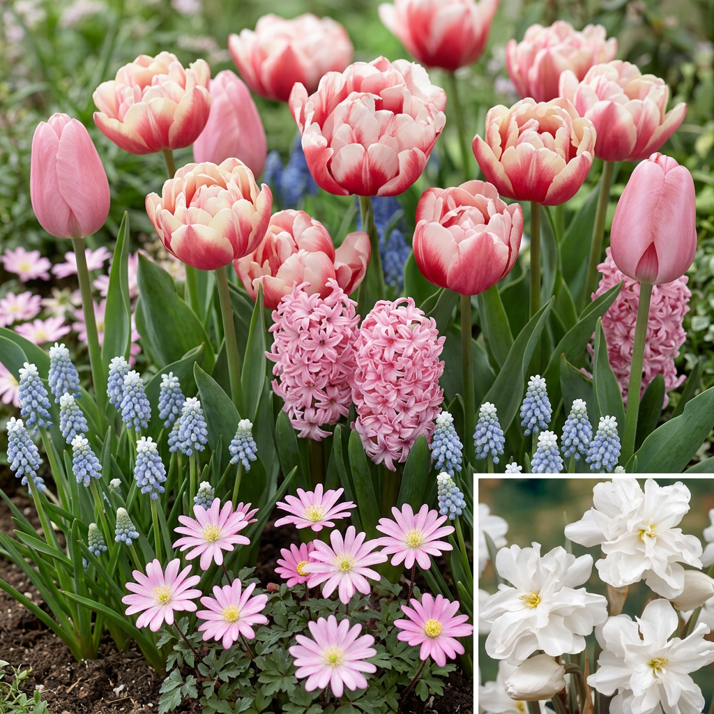 Rabatt med rosa tulpaner, hyacinter och vårblommor