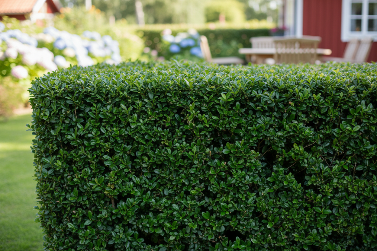 Välklippt ligusterhäck i svensk trädgård - tät och mörkgrön häck perfekt för avskärmning