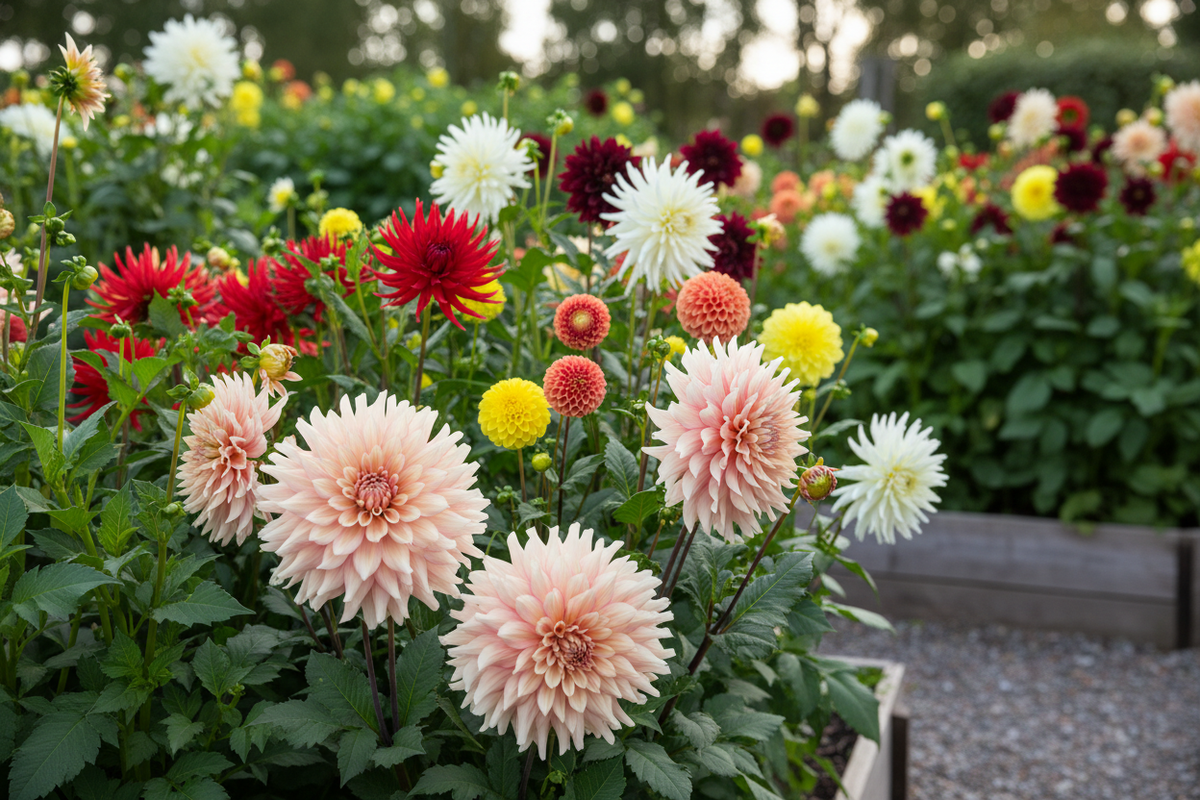 Färgsprakande dahlior i olika sorter – rosa, röda, gula och vita dahliaknölar från Svedberga Plantskola