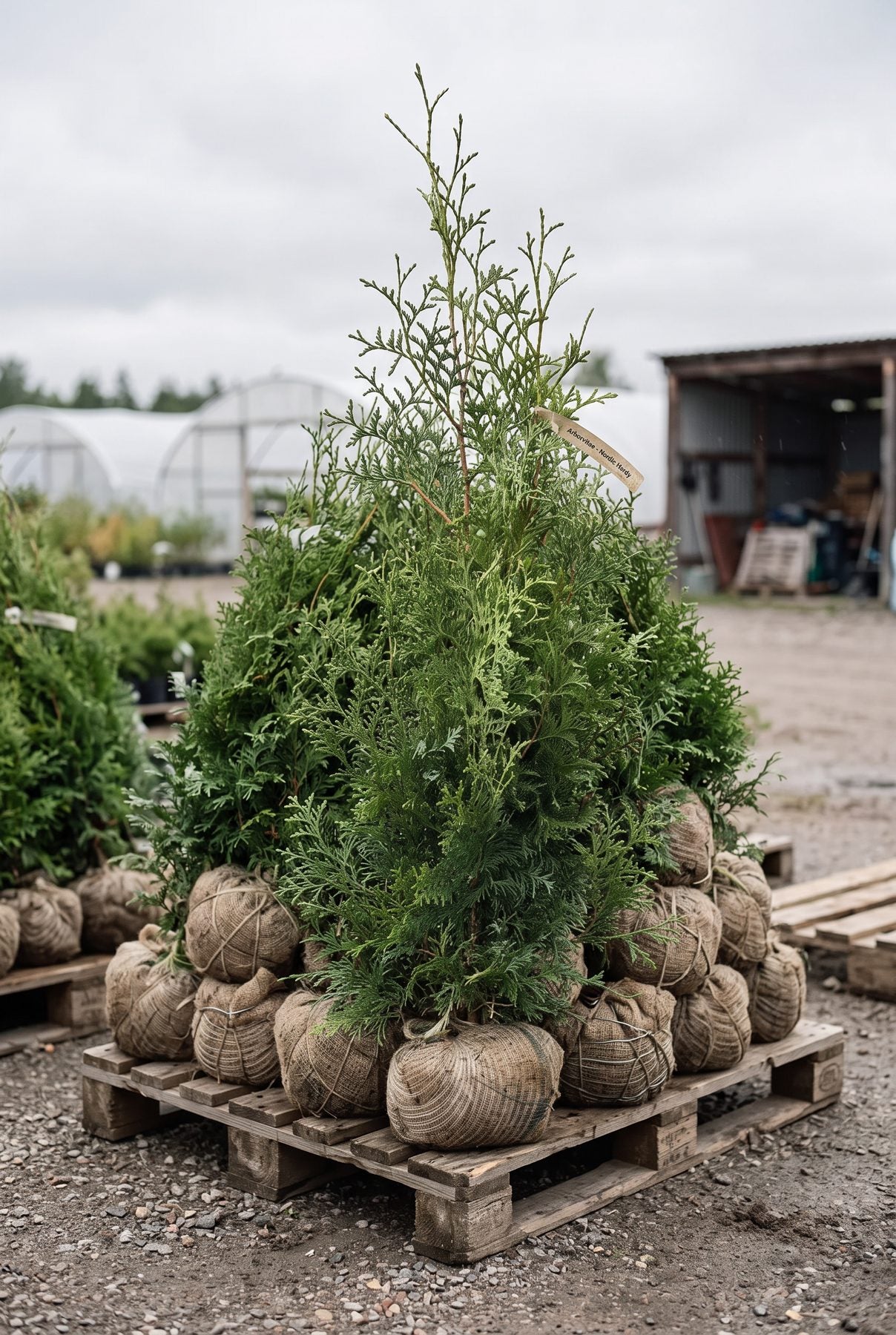 Storpack med Thuja Brabant rotklump på pall