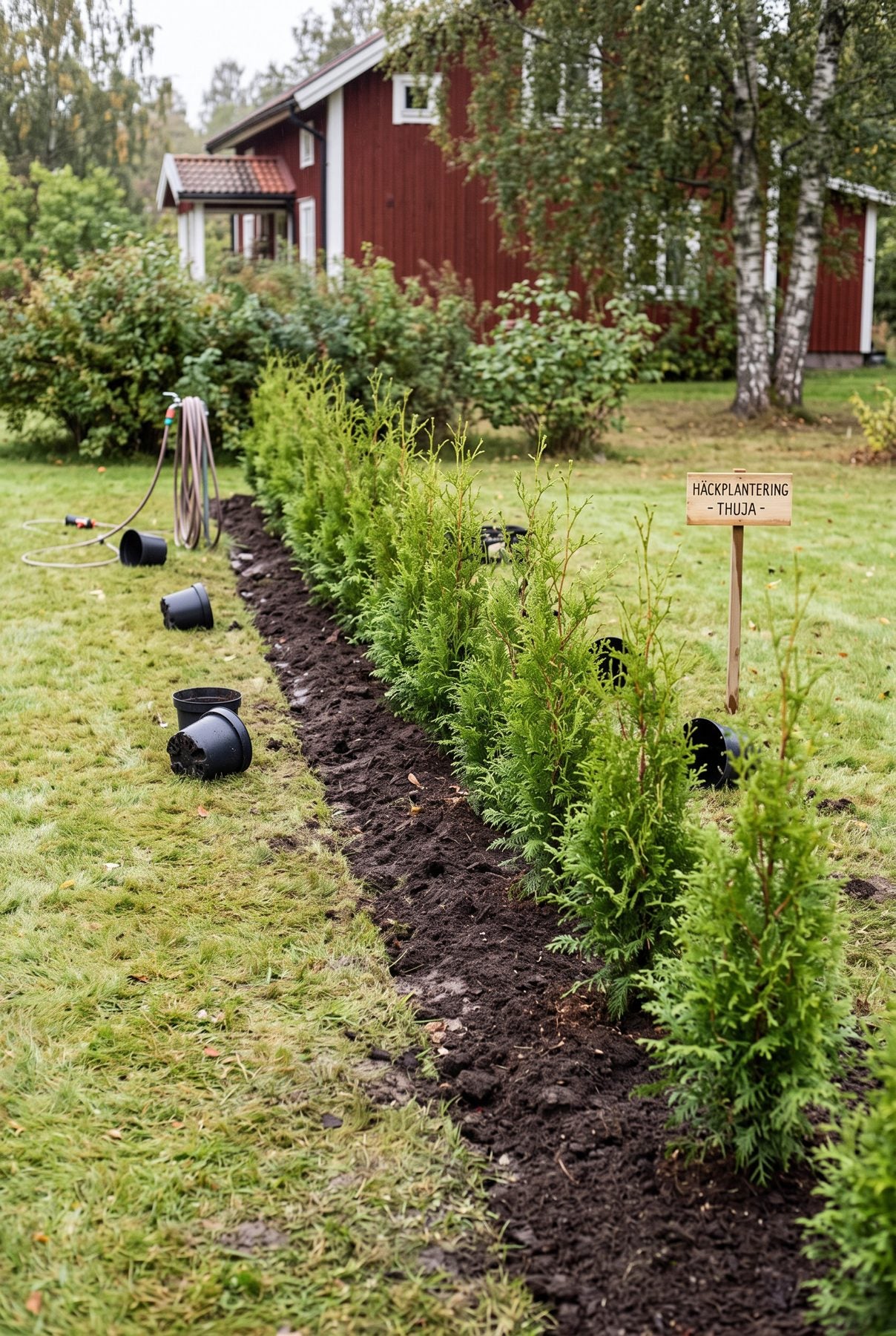 Nyplanterad Thuja Brabant-häck i svensk villaträdgård