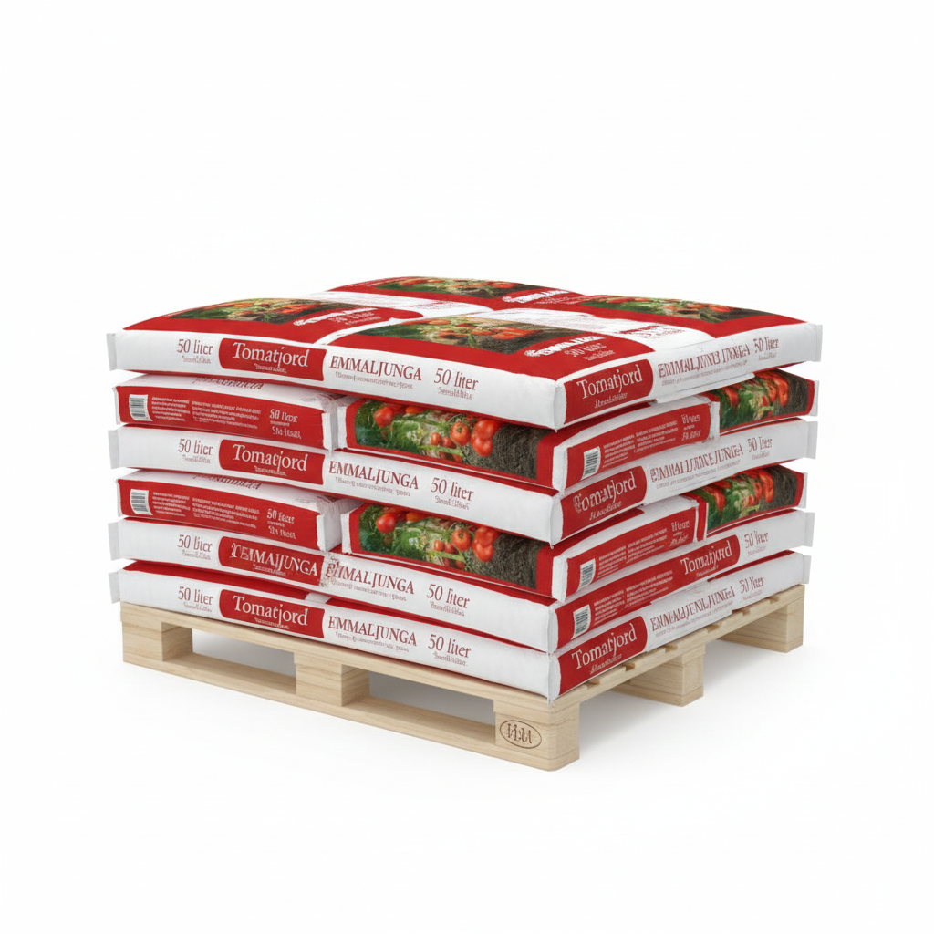 Emmaljunga Tomatjord 50L halvpall med 21 säckar - köp tomatjord online hos Svedberga