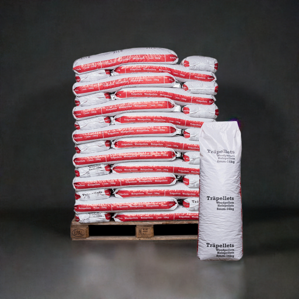 Svensk pellets 832kg, 16kg påsar, A1 kvalité 8 mm - Fraktfri