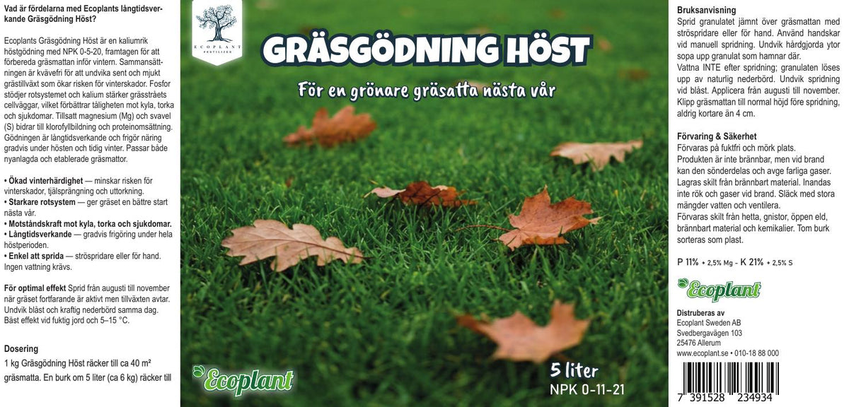Etikett Ecoplant Gräsgödning Höst 5 liter NPK 0-11-21