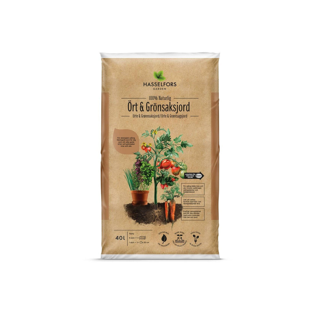 Hasselfors Ört och Grönsaksjord KRAV 40L - Ekologisk KRAV-certifierad odlingsjord för grönsaker, kryddväxter och köksodling med naturlig näringssammansättning