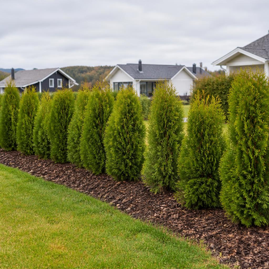 Nyplanterad Thuja King of Brabant-häck i svensk villaträdgård