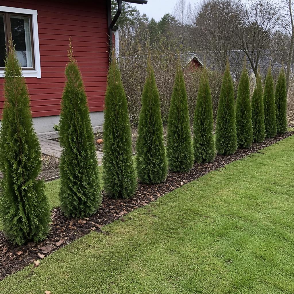 Nyplanterad Thuja Smaragd-häck i svensk villaträdgård